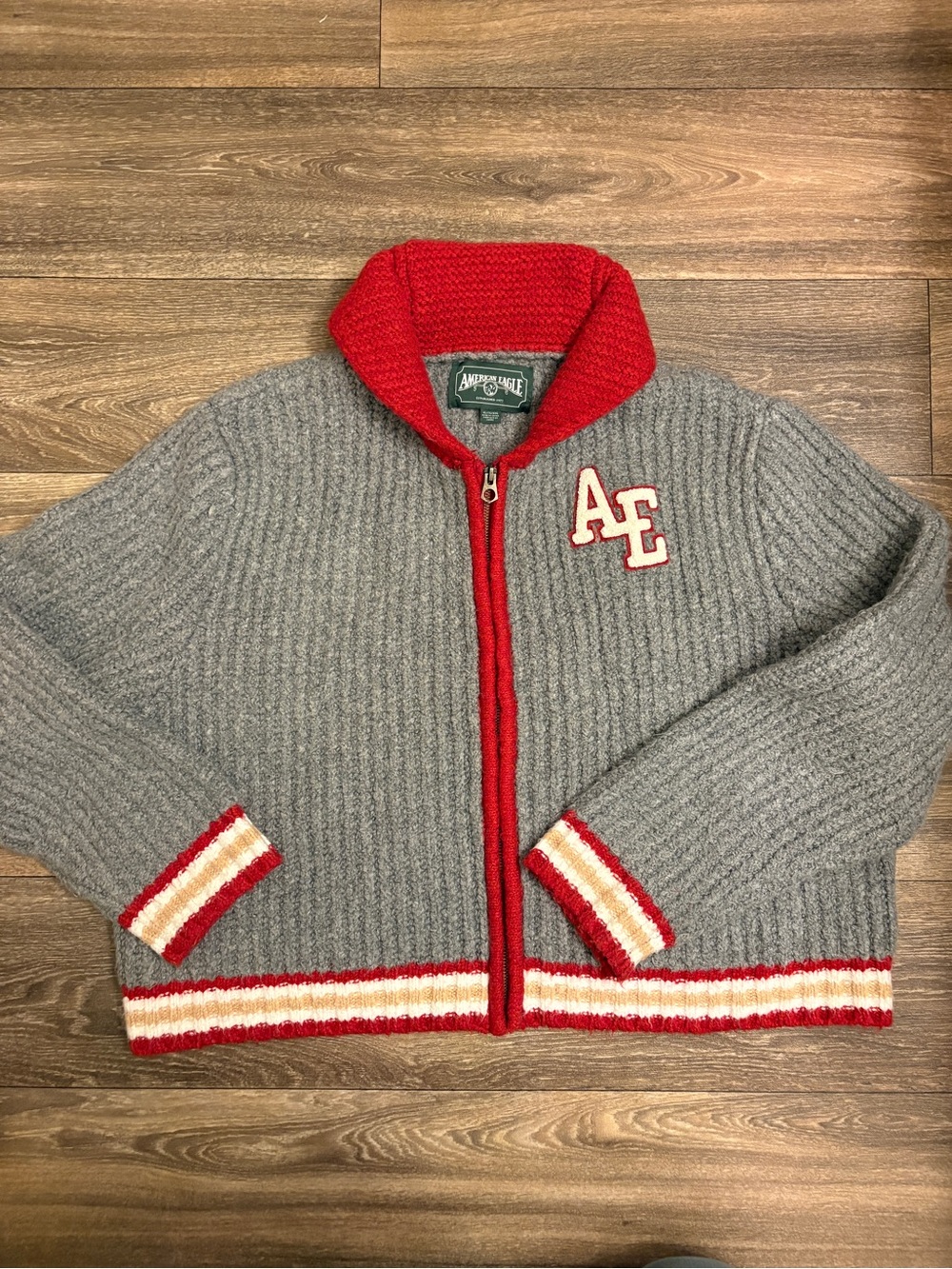 American Eagle Varsity Zip Cardigan Sweater Gray Red AE Patch XL